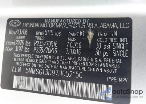 2007 Hyundai Santa Fe Gls from USA, damaged, VIN 5NMSG13D97H052150